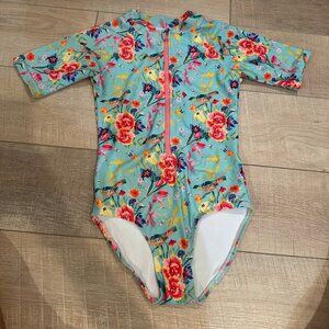 TAME THE SUN GIRLS 1 PIECE SWIM SUIT SIZE 9 BIRD BLUE FLORAL RUFFLES